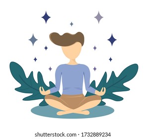 Man practices meditating, sitting in flora and star surrounded. The way make good mental health. Relax after work, concentration and recreation concept. Flat cartoon vector