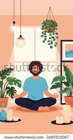A man practices meditation surrounded by plants and candles in a room.