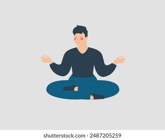 Man practices yoga with cross-legged. Male does morning exercises, relaxes and meditates at home. Mental health well-being, breathing and positive body concept. Vector illustration