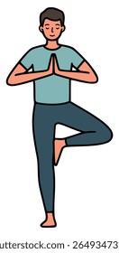 man practices yoga healthy sport relax meditation flat color vector illustration template design