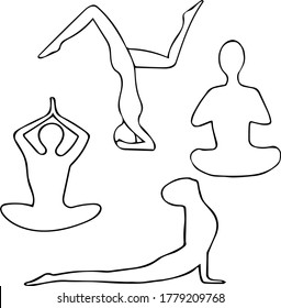 man practices yoga in lotus position, cobra, balance hand drawn in doodle style. vector, scandinavian, monochrome. set of elements for design sticker, card, poster, flyer. namaste, karma meditation