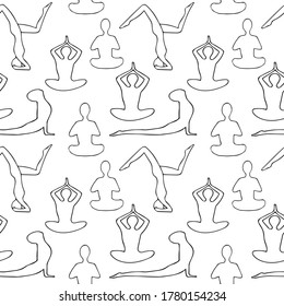 man practices yoga in lotus position, cobra, balance seamless pattern hand drawn in doodle style. vector, scandinavian, monochrome. for design textiles, wallpaper, paper, catalog, brochure, flyer