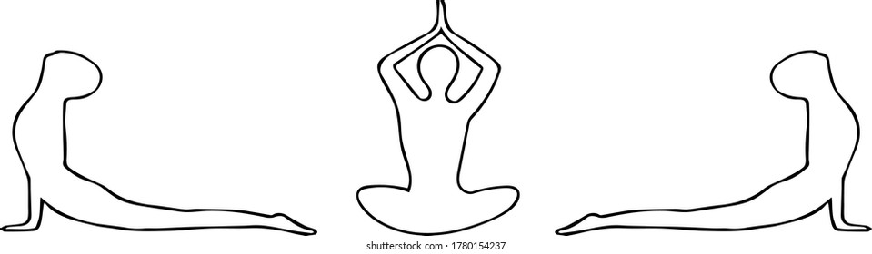 man practices yoga in lotus position, cobra banner border hand drawn in doodle style. vector, scandinavian, monochrome. element for design sticker, card, poster, flyer. namaste, karma meditation