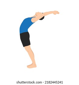 Man practices yoga in the raised arms pose. Healthy lifestyle and wellness concept. Flat vector illustration for Yoga Day. Hasta Uttanasana pose. Sun salutation, surya namaskara.