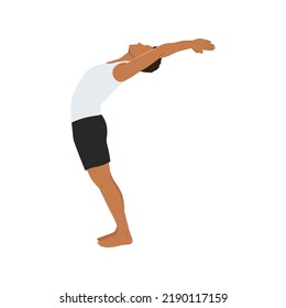 Man practices yoga in the raised arms pose. Healthy lifestyle and wellness concept. Flat vector illustration for Yoga Day. Hasta Uttanasana pose. Sun salutation, surya namaskara.