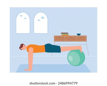 Man practicing balance with balloons, yoga exercise at home. Character design. Vector flat illustration