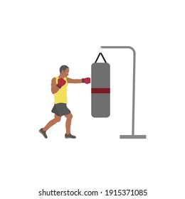 man practicing boxing with bag on white background