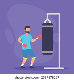 Man practicing boxing with punching bag in gym. Boxer wearing gloves and shirt over purple background