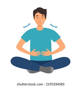 Man practicing breathing exercise in flat design on white background.
