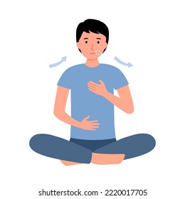 Man practicing breathing exercise in flat design on white background.