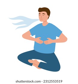 Man practicing breathing exercise in flat design on white background.