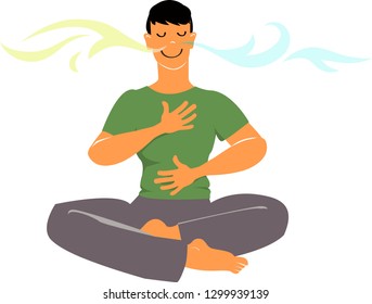 Man practicing breathing exercises, EPS 8 vector cartoon