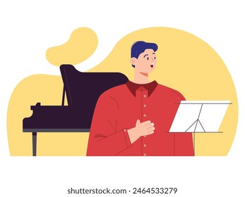 Man practicing classical singing with music lyric paper being read in a music room. Character design. Vector flat illustration