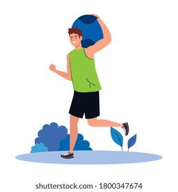 man practicing exercise with ball outdoor, recreation exercise sport vector illustration design