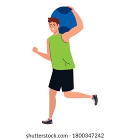 man practicing exercise with ball, recreation exercise sport vector illustration design