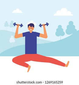 man practicing exercise with dumbbells