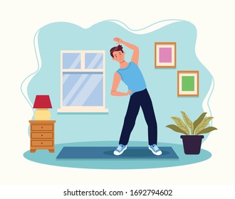 man practicing exercise in the house vector illustration design