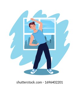 man practicing exercise in the house vector illustration design