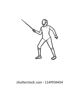 Man practicing fencing hand drawn outline doodle icon. Fencer, swardsman, fencing competition concept. Vector sketch illustration for print, web, mobile and infographics on white background.