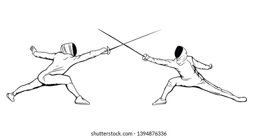 Man practicing fencing hand drawn outline doodle icon. Fencer, swardsman, fencing competition concept. Vector sketch illustration for print, web, mobile and infographics on white background. 