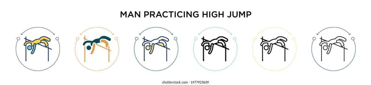 Man practicing high jump icon in filled, thin line, outline and stroke style. Vector illustration of two colored and black man practicing high jump vector icons designs can be used for mobile, ui,