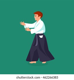 man is practicing his defending skills in uniform, colorful vector flat illustration