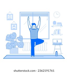 Man practicing indoor yoga at home living room and watching online classes on laptop. Male in tree pose doing fitness exercises with web tutorials. Life balance, and healthy lifestyle concept.