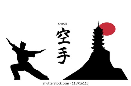 Man practicing karate near pagoda