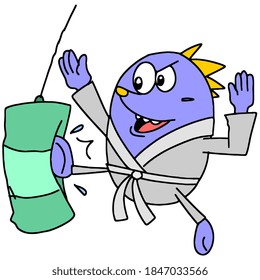 ein Mann übt das Kicken einer Stanztasche. Cartoon-Illustrationsaufkleber Maskottchen Emoticon