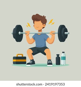Un hombre está practicando el levantamiento de una barbacoa con pesas pesadas usando toda la potencia en la construcción del cuerpo del gimnasio