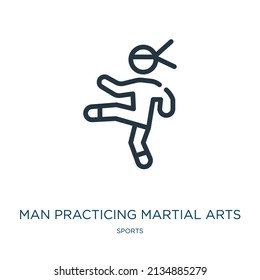 man practicing martial arts thin line icon. combat, practice linear icons from sports concept isolated outline sign. Vector illustration symbol element for web design and apps.