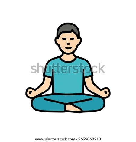 Man practicing meditation in sitting lotus pose, flat style illustration for mindfulness and mental wellness concept