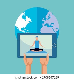 man practicing online yoga for quarantine vector illustration design