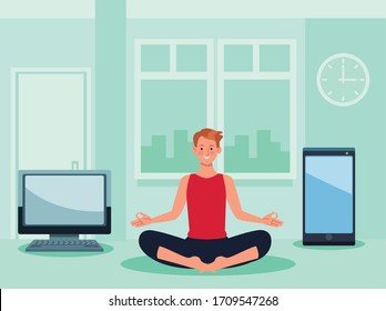 man practicing online yoga for quarantine vector illustration design