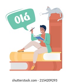 Man practicing portuguese language semi flat color vector character. Full body person on white. Simple cartoon style illustration for web graphic design and animation. Nerko One Regular font used