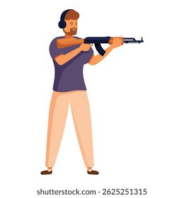 Homem praticando esportes de tiro com rifle automático usando fones de ouvido de proteção auricular