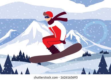 man practicing snowboard in landscape of winter vector illustration design