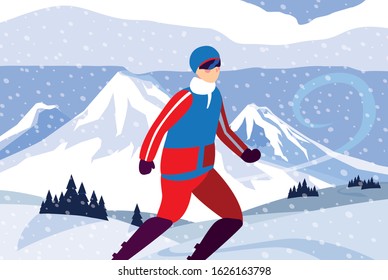 man practicing snowboard in landscape of winter vector illustration design