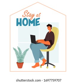 Hombre practicando el distanciamiento social. Trabaja en casa, se comunica a través de Internet. Ilustración social vectorial durante un virus pandémico. Quédate en casa, salva vidas.