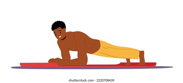 Man Practicing Sports Activity at Home. Young Male Character Stand in Plank Posture Stretching Legs and Arms. Flexibility Exercise Body Relaxation Healthy Lifestyle. Cartoon People Vector Illustration