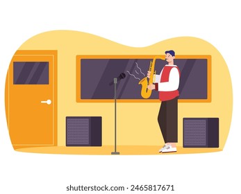 Man practicing in studio room, playing classic saxophone. Character design. Vector flat illustration