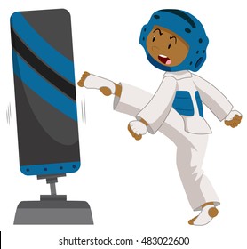 Man practicing taekwondo with boxing stand illustration
