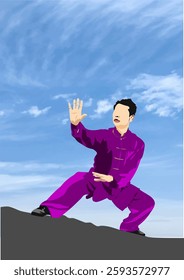 Man practicing tai chi chuan on top of a mountain with a cloudy blue sky