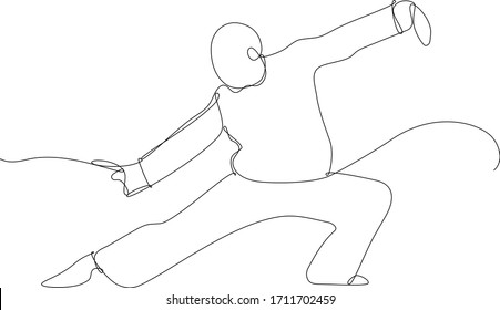 Man practicing tai chi, continuous line digital illustration on white background.