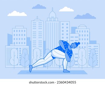 Man practicing yoga asana in open air in city park. Male doing revolved side angle pose on nature. Fitness exercises on yoga mat in city park with trees and skyscrapers. Healthy lifestyle concept.