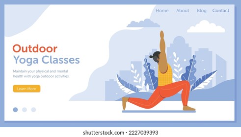 Man practicing yoga asana outdoors on horizontal banner for yoga classes. Guy doing exercises in city park. Healthy lifestyle landing page or site template with male fitness on yoga mat.