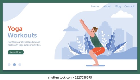 Man practicing yoga asana outdoors on horizontal banner for yoga classes. Guy doing exercises in city park. Healthy lifestyle landing page or site template with male fitness.