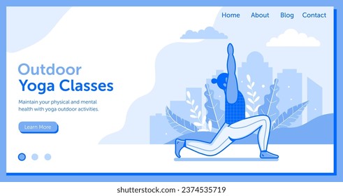 Man practicing yoga asana outdoors on horizontal banner for yoga classes. Guy doing exercises in city park. Healthy lifestyle landing page or site template with male fitness on yoga mat.