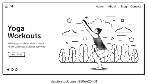 Man practicing yoga asana outdoors on horizontal banner for yoga classes. Guy doing exercises in city park. Healthy lifestyle landing page or site template with male fitness on yoga mat.