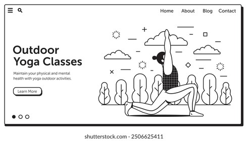 Man practicing yoga asana outdoors on horizontal banner for yoga classes. Guy doing exercises in city park. Healthy lifestyle landing page or site template with male fitness on yoga mat.